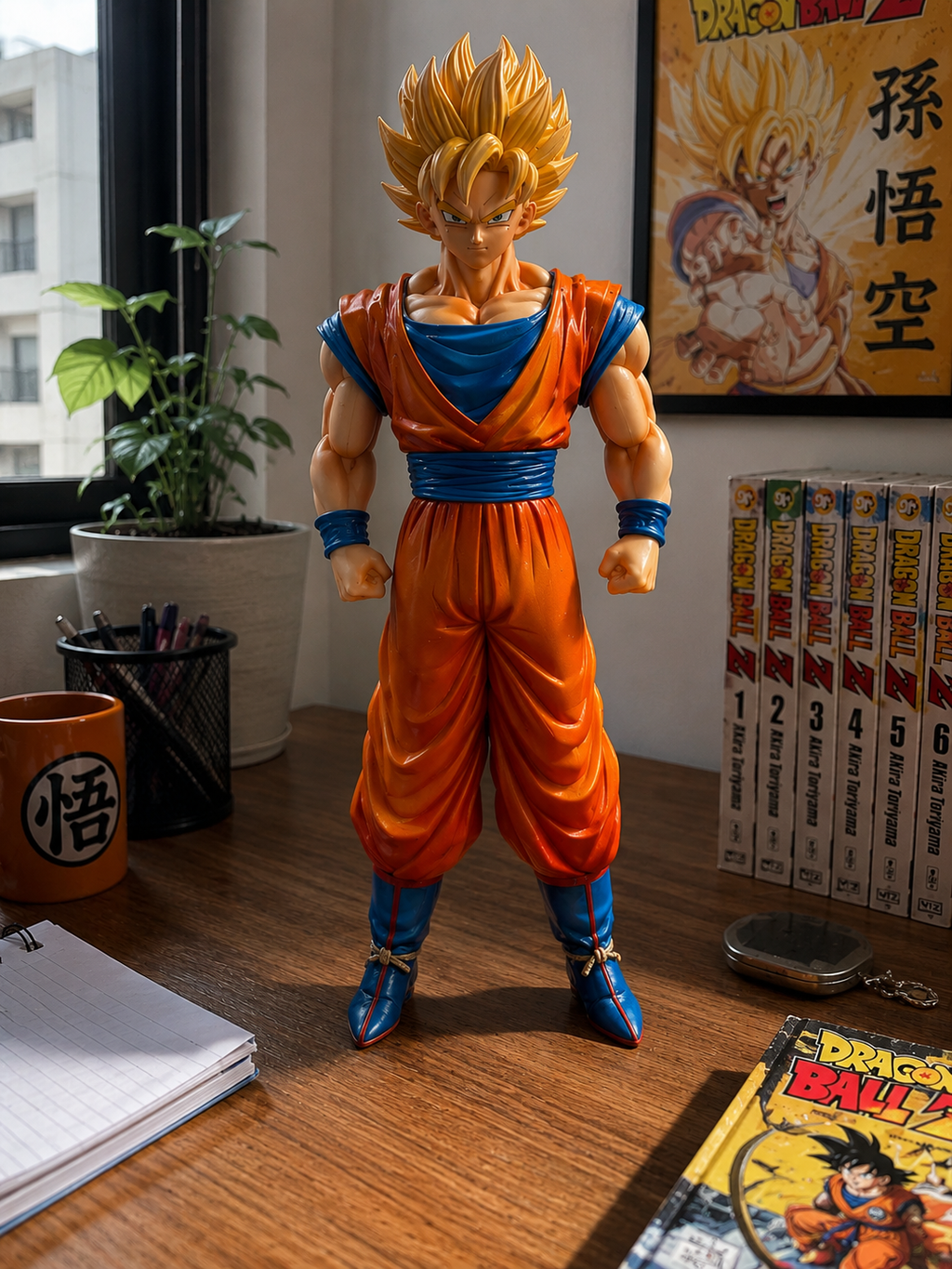 A detailed Goku action figure in a Super Saiyan outfit stands on a wooden desk in a room setting, surrounded by Dragon Ball manga volumes, a potted plant, and a Dragon Ball poster.