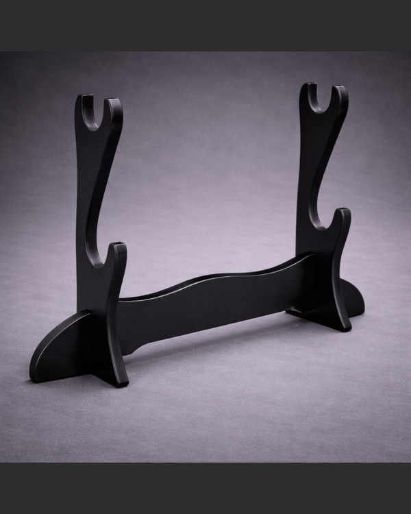 Black wooden katana holder on a gray background