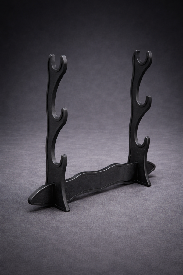 Black wooden stand with curved design on a gray background