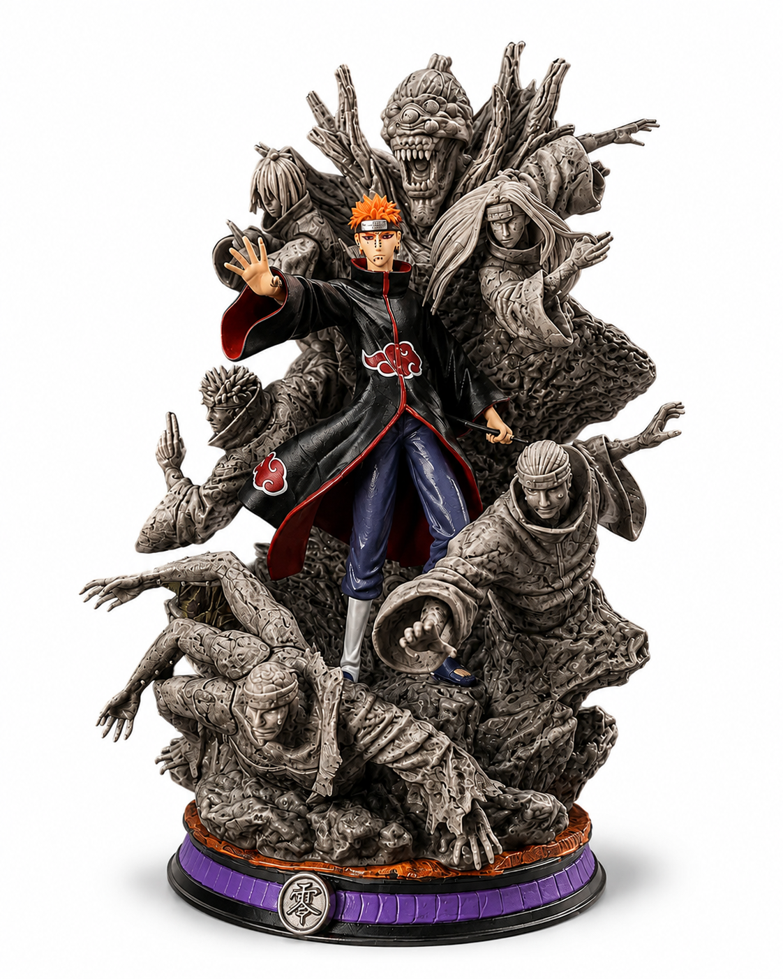 A detailed collectible figurine of the Naruto character Akumu Shinobi standing atop a base surrounded by multiple gray, skeletal, clawed monsters. The figure wears a black Akuma cloak with red cloud patterns, blue pants, and has orange hair.