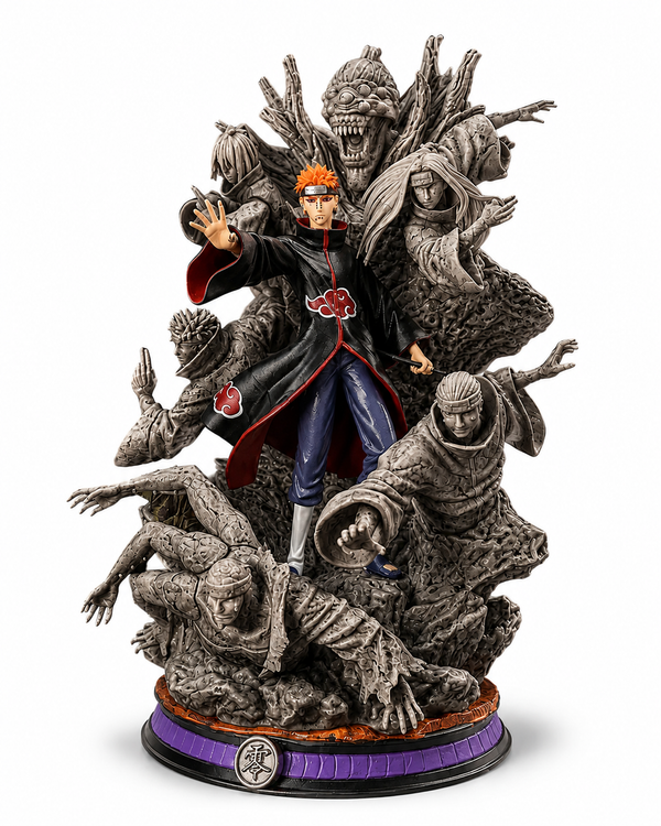 A detailed collectible figurine of the Naruto character Akumu Shinobi standing atop a base surrounded by multiple gray, skeletal, clawed monsters. The figure wears a black Akuma cloak with red cloud patterns, blue pants, and has orange hair.