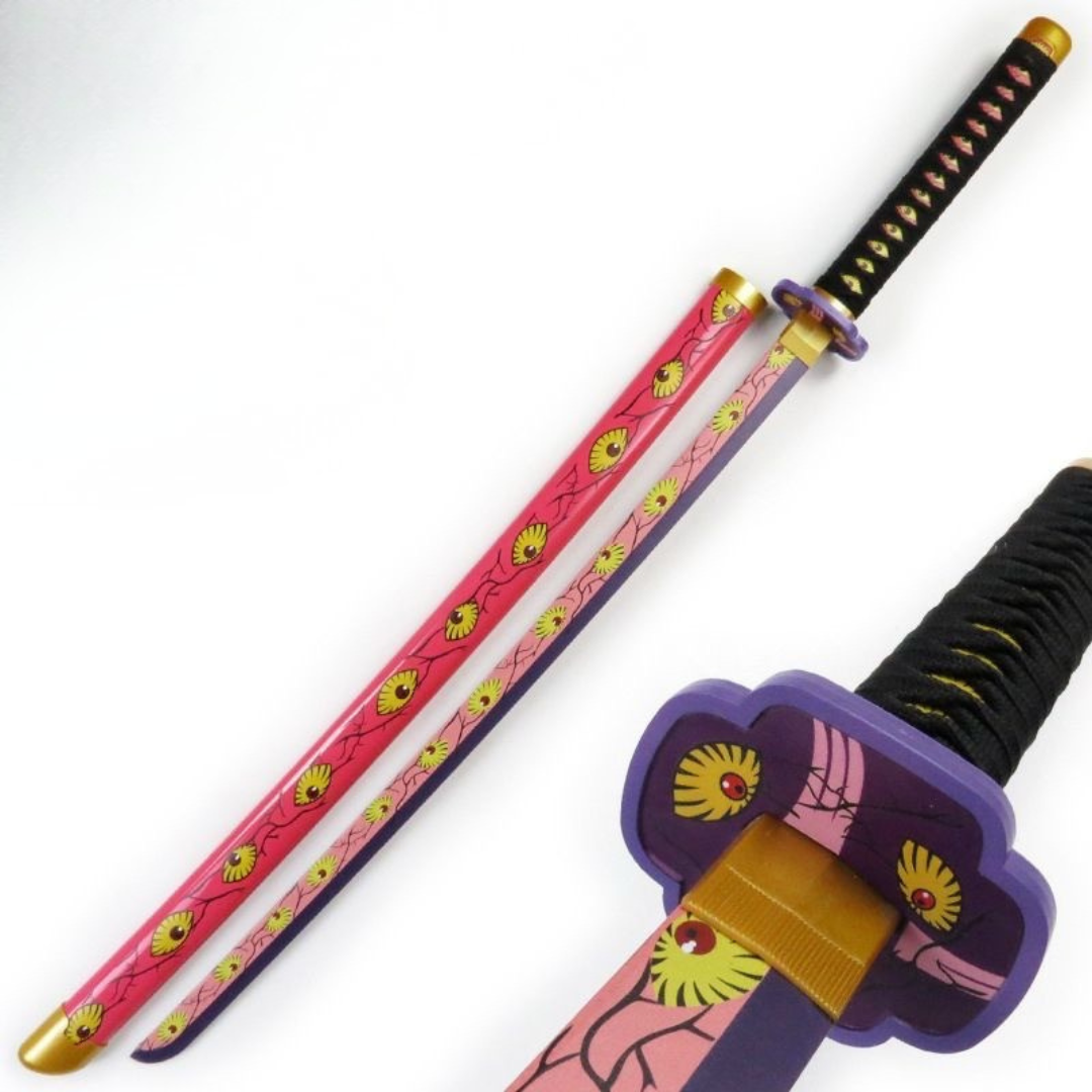 Colorful toy sword with black handle and pink sheath with eyes like design on all of them against a white background