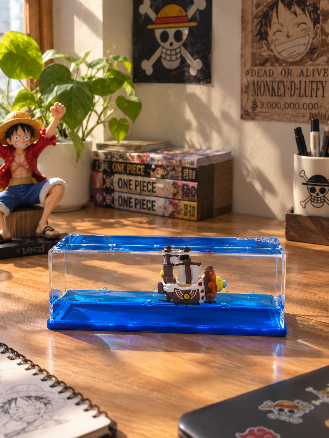 One Piece Thousand Sunny Ship in Ocean Display | Mini Anime Desk Decor | 15cm Collectible