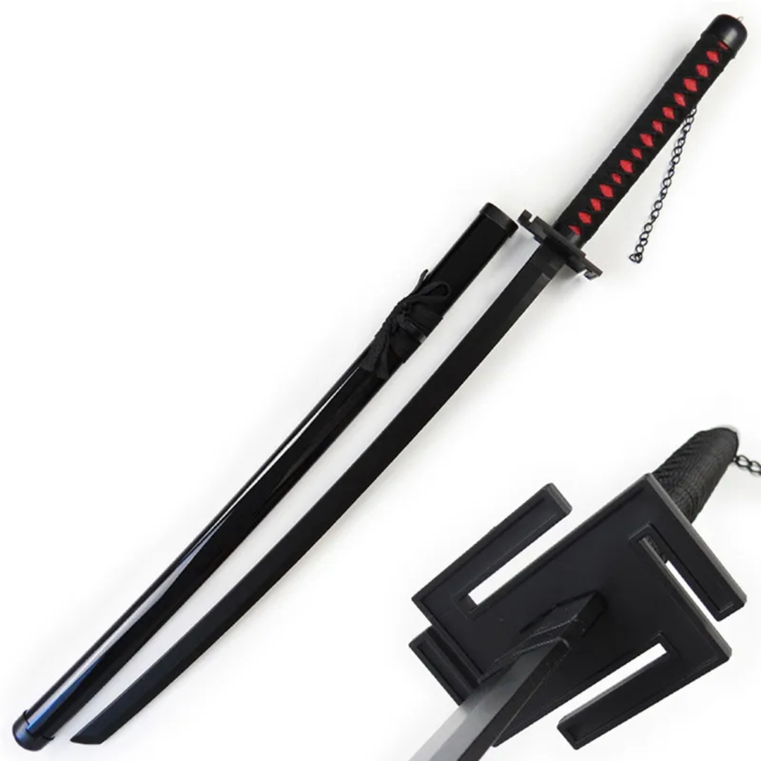 Black samurai anime sword replica with swastika guard and black saya