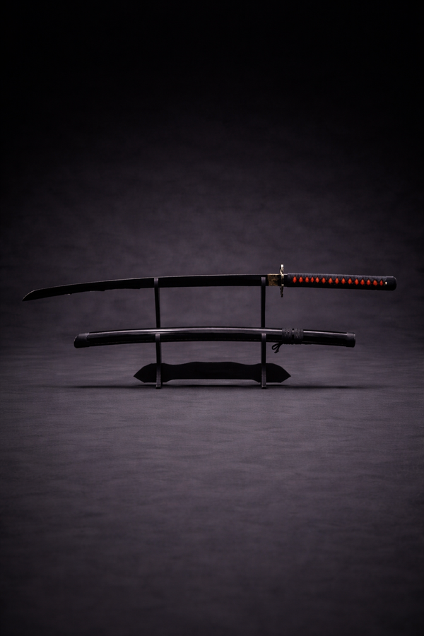Black anime katana replica with red handle accents on display stand