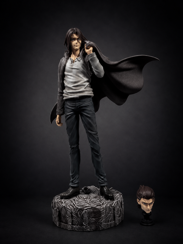Eren Yeager anime figure statue with interchangeable head and detailed display base