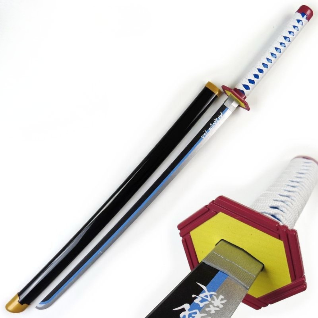 Blue-blade anime katana with hexagonal guard, white handle and black saya close-up view