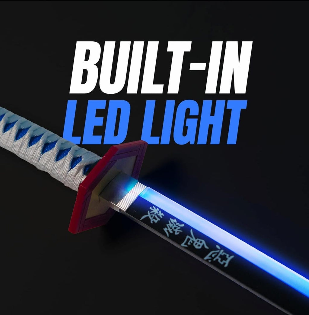 LED anime katana with glowing blue blade, white handle and built-in light feature 