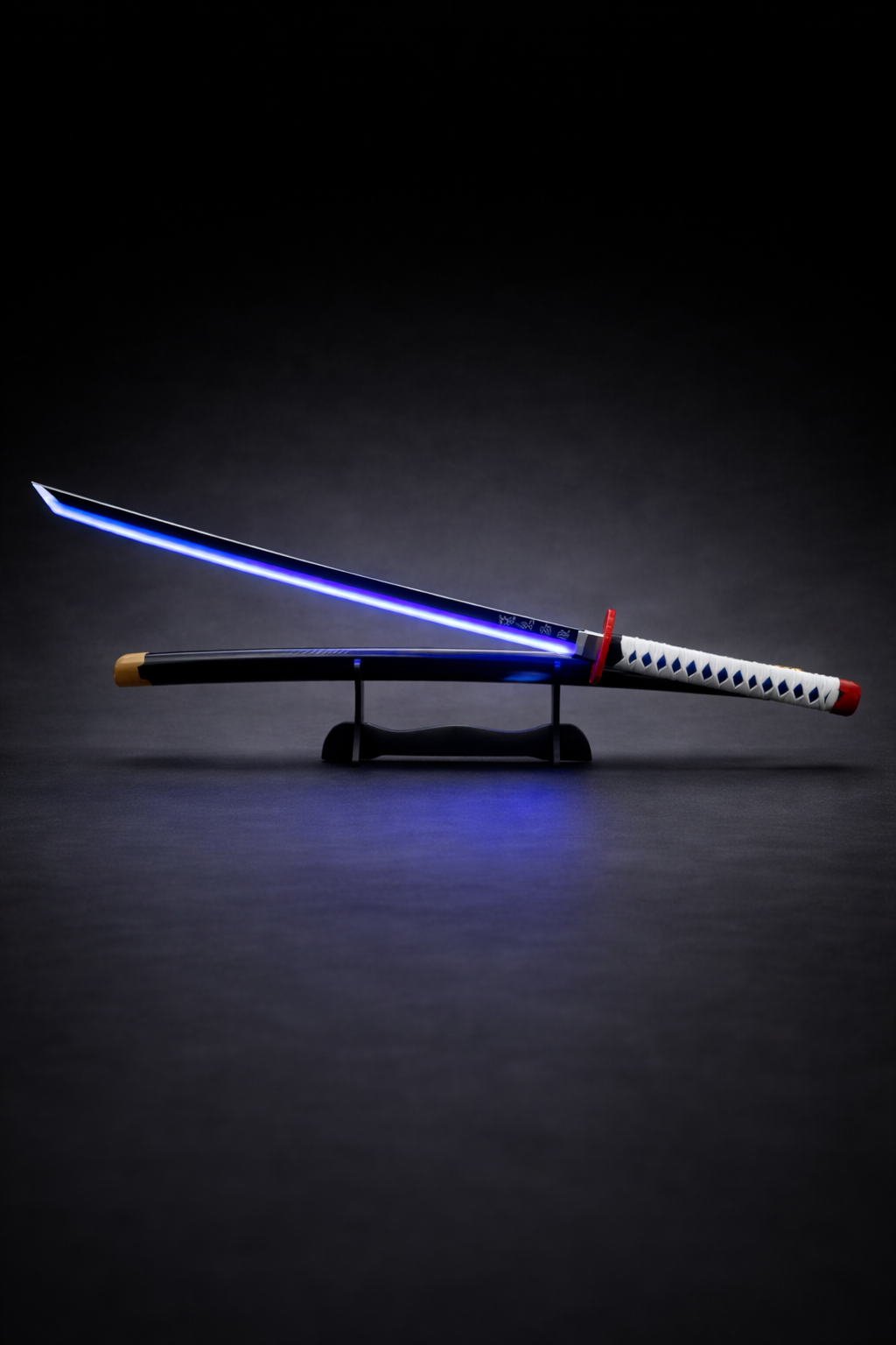 Blue LED Nichirin katana replica glowing on display stand with black scabbard and anime-inspired design