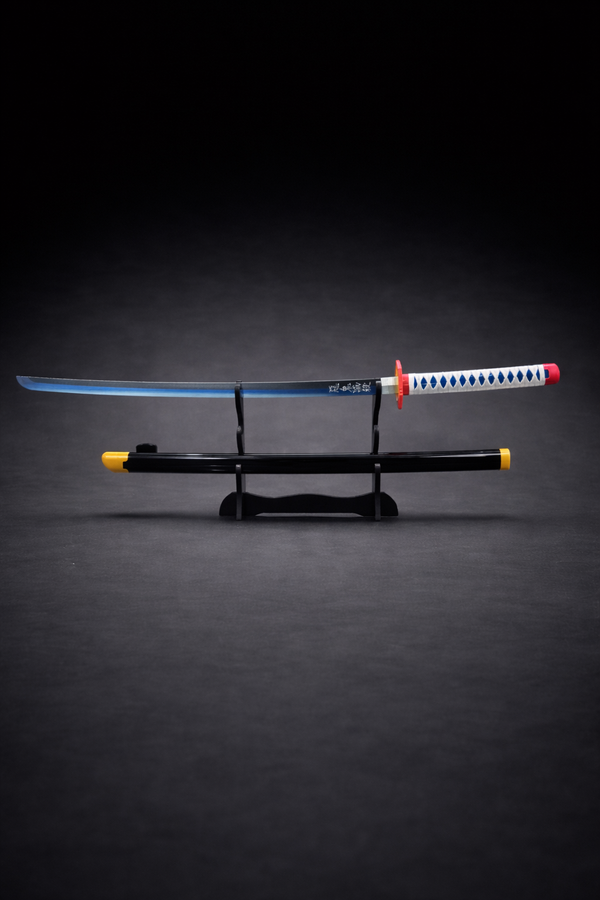 Blue Nichirin anime katana replica with black scabbard displayed on premium sword stand
