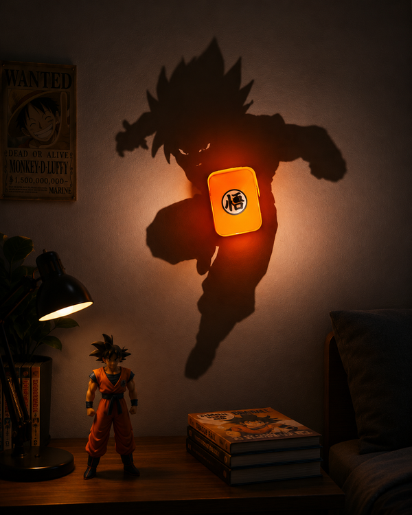 Dragon Ball Goku Shadow Projection Night Lamp projecting an iconic Goku silhouette with warm LED lighting for anime room décor, gaming setups, bedrooms, and collector displays.