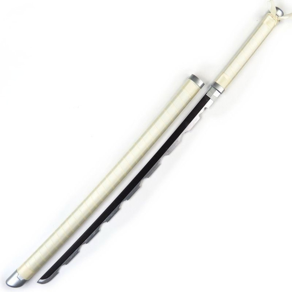 Minimalist white Nichirin-style katana with serrated black blade and white scabbard 