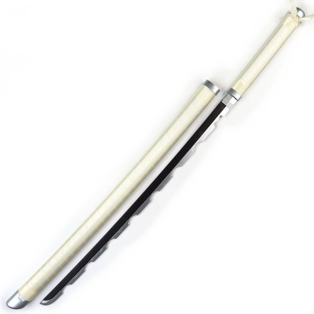 Minimalist white Nichirin-style katana with serrated black blade and white scabbard 