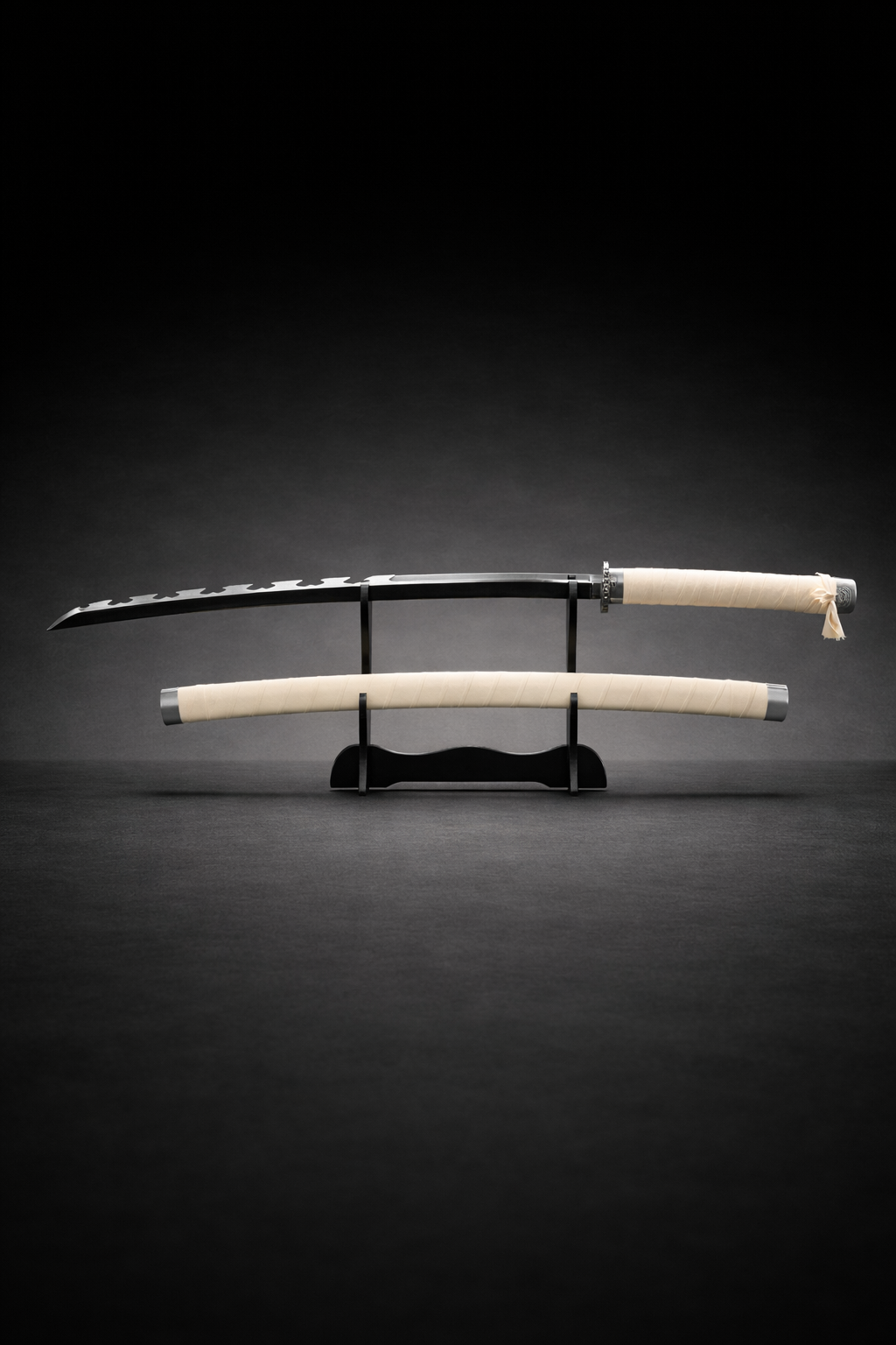 White anime katana replica with jagged black blade and wrapped white saya displayed on sword stand