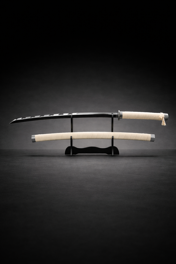 White anime katana replica with jagged black blade and wrapped white saya displayed on sword stand
