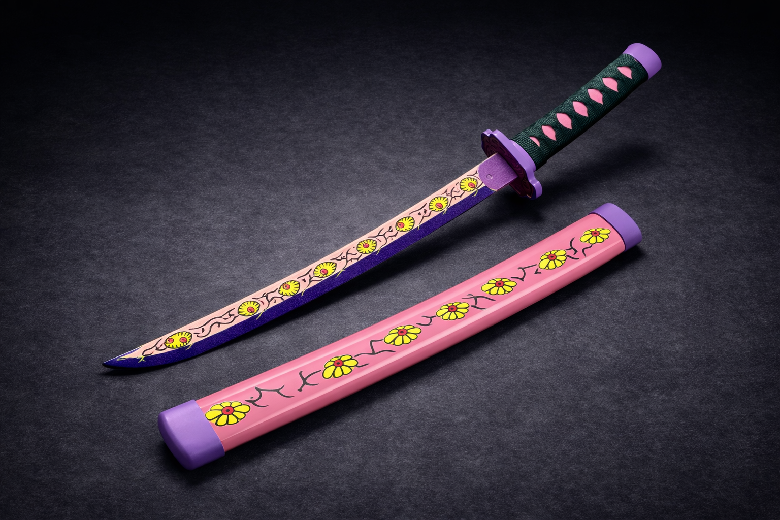 Decorative sword and sheath with eyes like patterns on a dark background