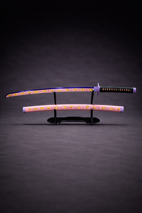 Sword and sheath on a stand with eyes like design against a dark background