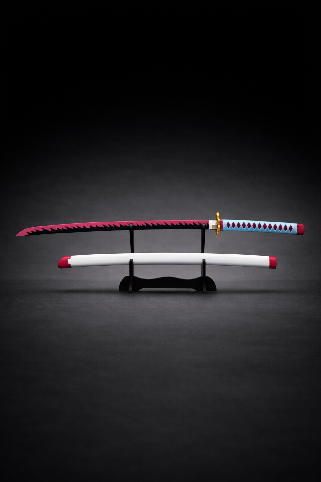 Sword with a red blade and white handle on a black stand against a dark background