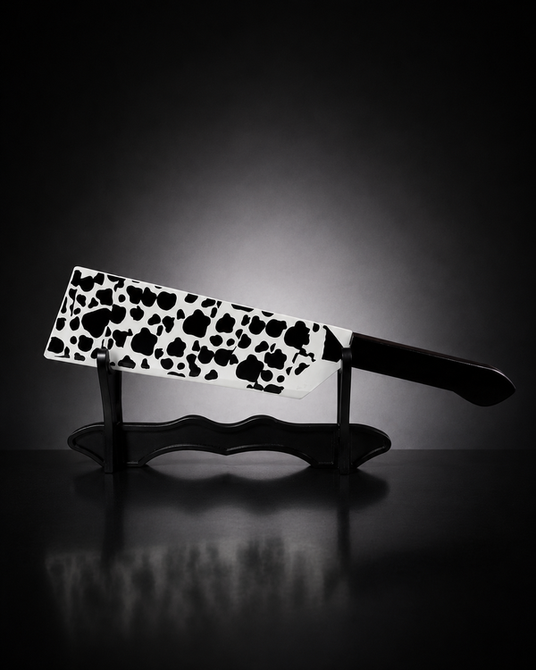 Cow print anime cleaver sword replica displayed on black stand with oversized black-and-white blade inspired by manga and anime collectibles