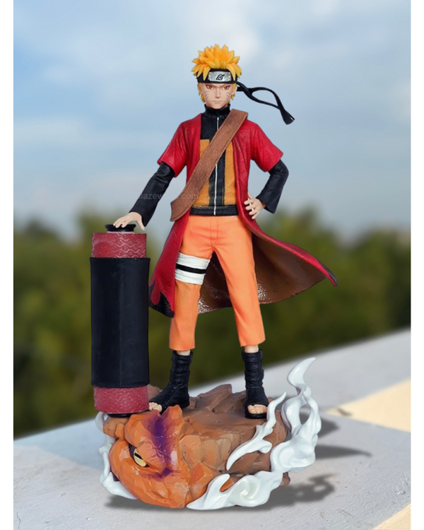Action figure of a character from naruto anime on a stand with a blurred outdoor background.
