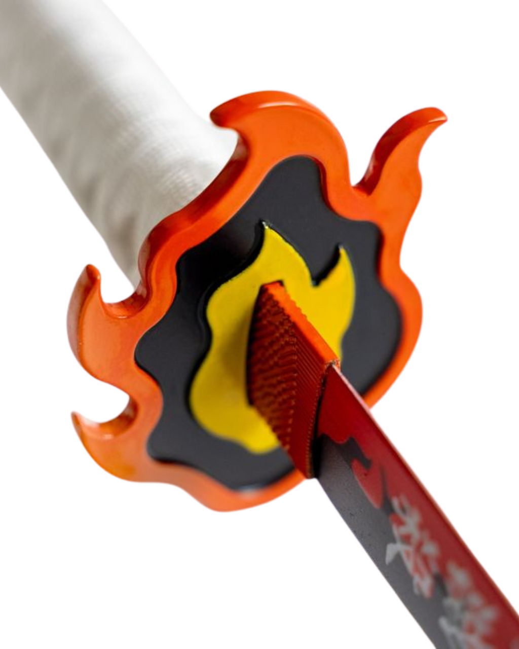 Close-up of flame-style katana guard with red Nichirin anime blade detail