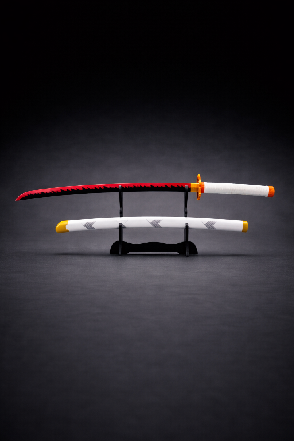 Flame Nichirin katana replica with red-black blade and white scabbard on display stand