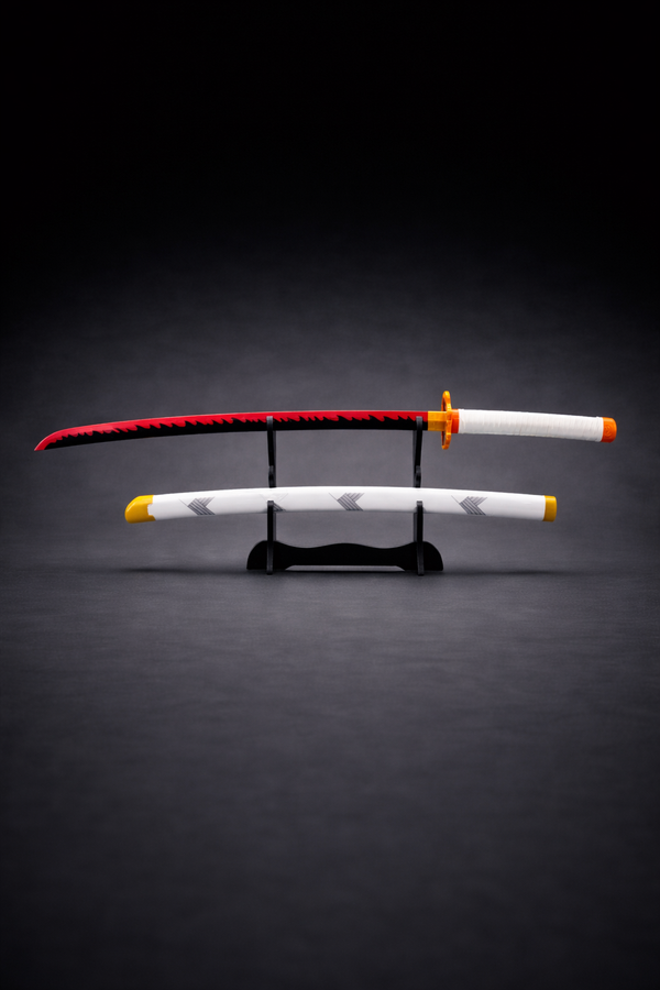 Flame Nichirin katana replica with red-black blade and white scabbard on display stand