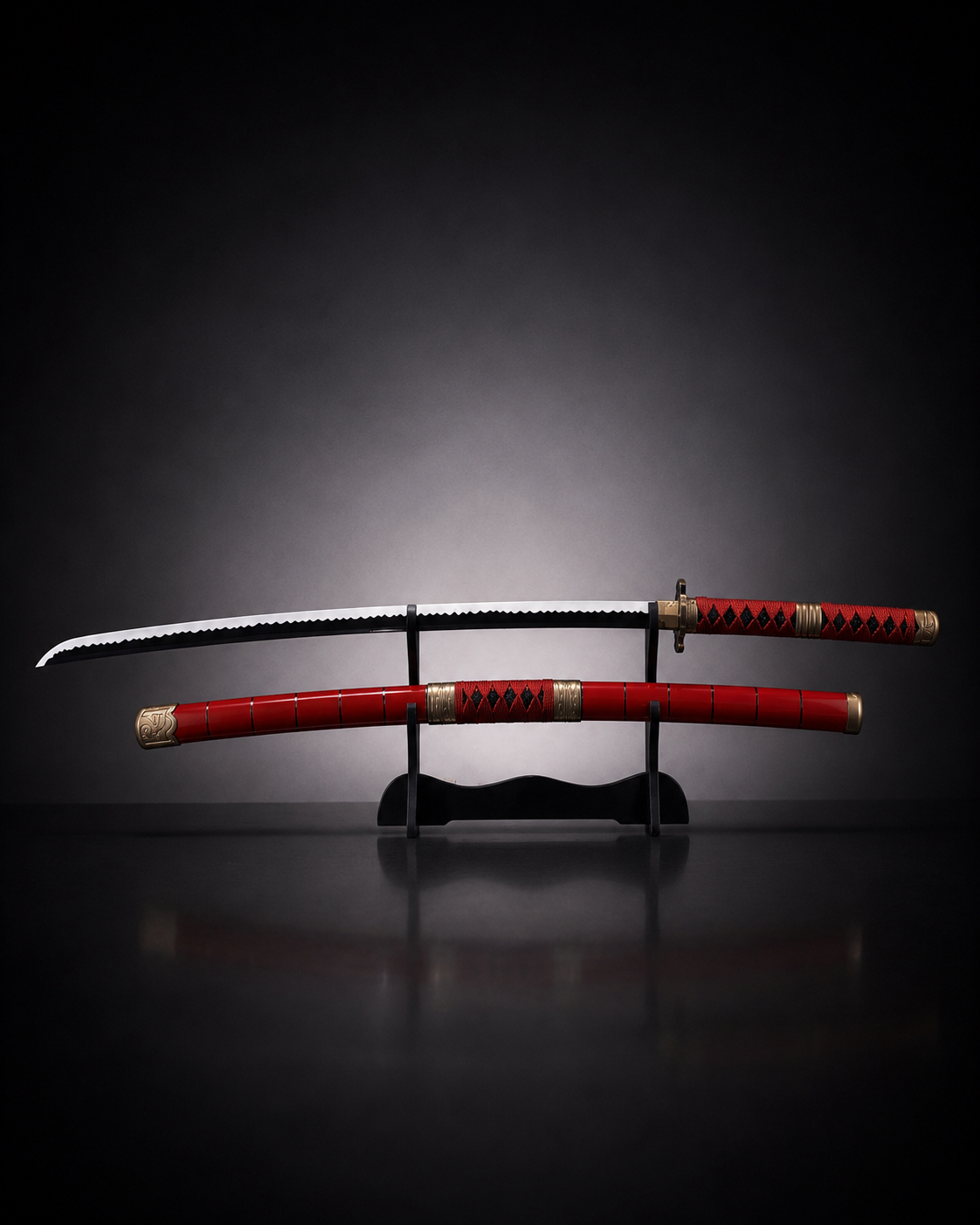 Red Nichirin Katana sword replica displayed on black stand with serrated black blade and red scabbard anime collectible weapon