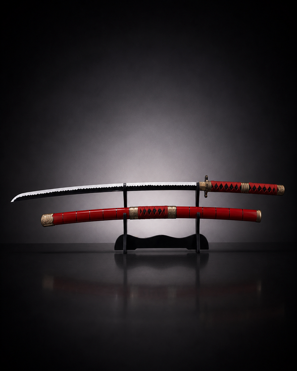 Red Nichirin Katana sword replica displayed on black stand with serrated black blade and red scabbard anime collectible weapon