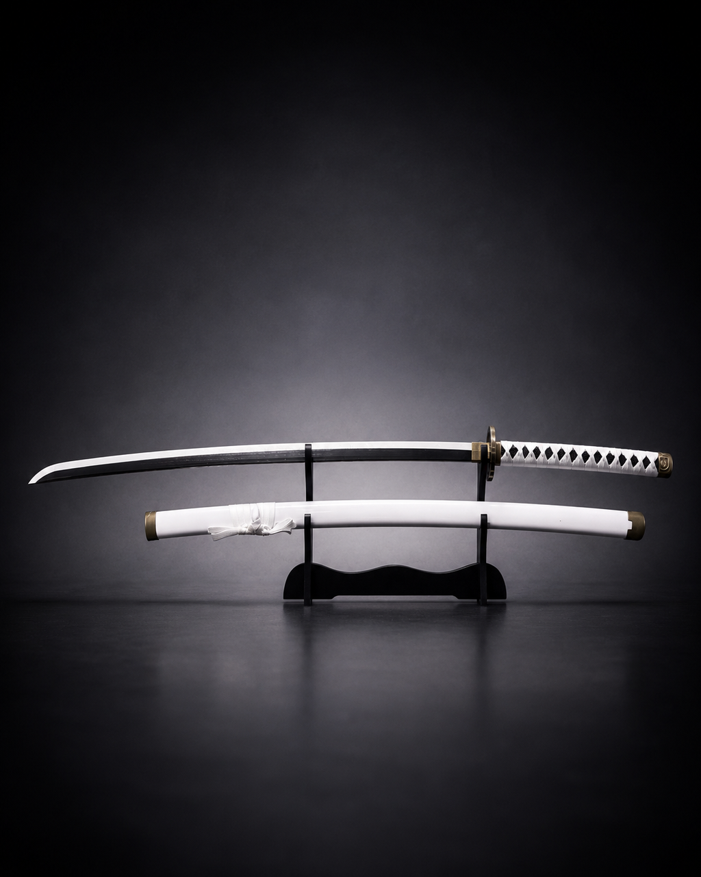 White Japanese anime katana displayed on black stand with black blade, white saya scabbard and premium samurai sword aesthetic