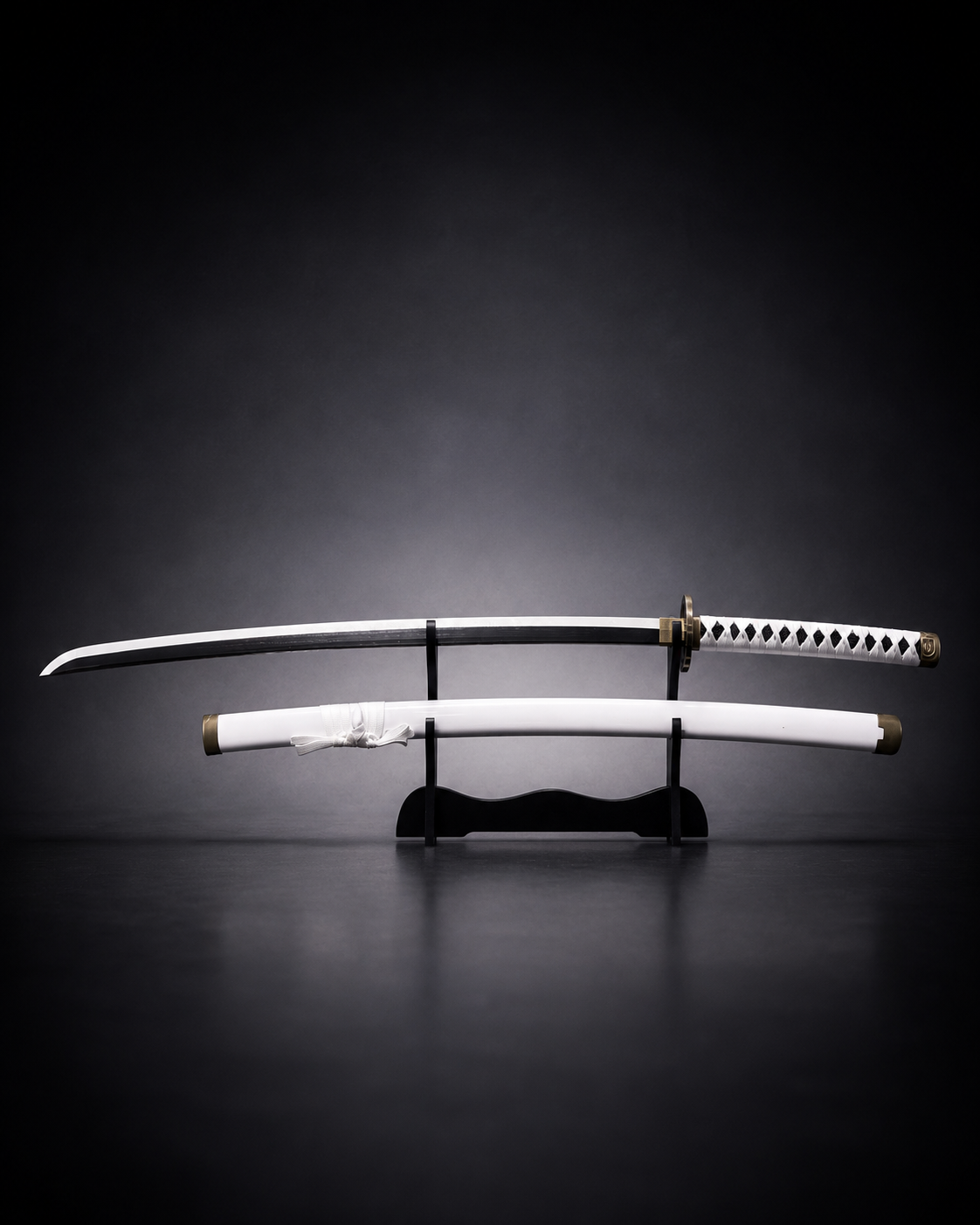 White Japanese anime katana displayed on black stand with black blade, white saya scabbard and premium samurai sword aesthetic
