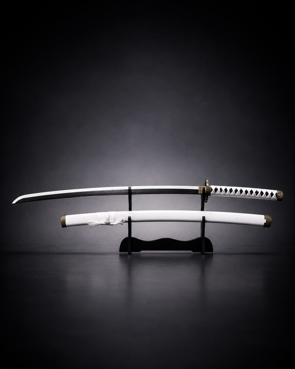 White Japanese anime katana displayed on black stand with black blade, white saya scabbard and premium samurai sword aesthetic