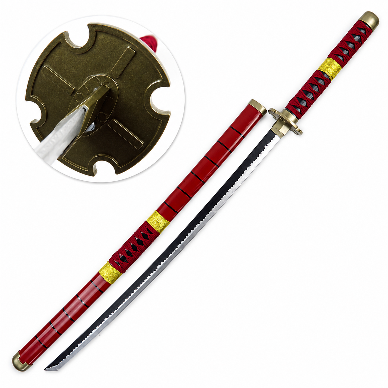 Full-length red anime katana replica with black serrated blade, red saya scabbard and detailed golden guard isolated on white background