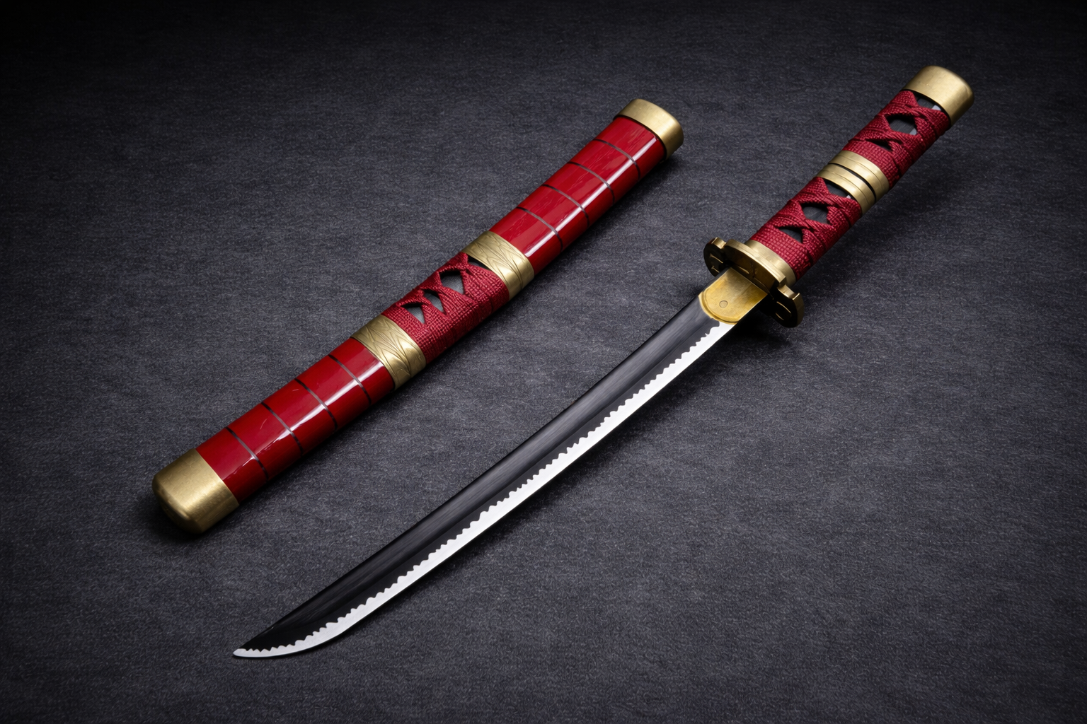 Red Nichirin anime katana replica with black serrated blade and red saya