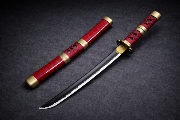 Red Nichirin anime katana replica with black serrated blade and red saya
