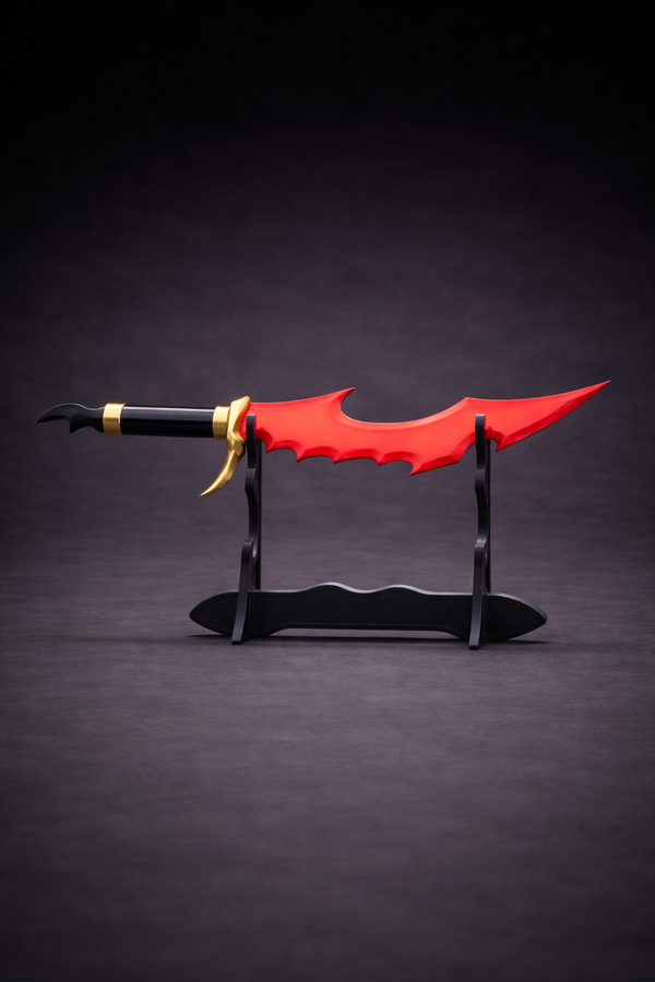 Red and black fantasy dagger on a dark background