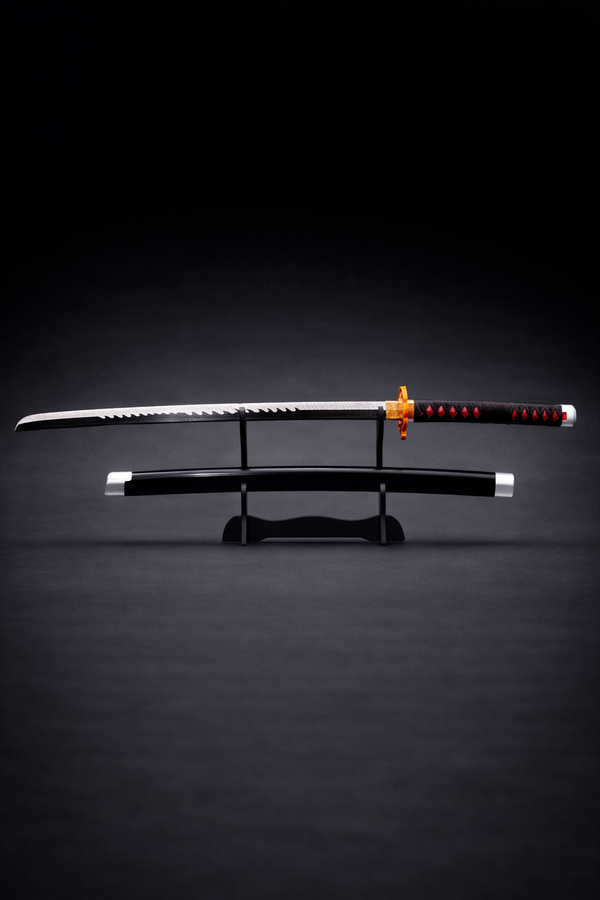 Black Nichirin anime katana replica with serrated blade, flame-style tsuba guard and black scabbard displayed on premium sword stand 
