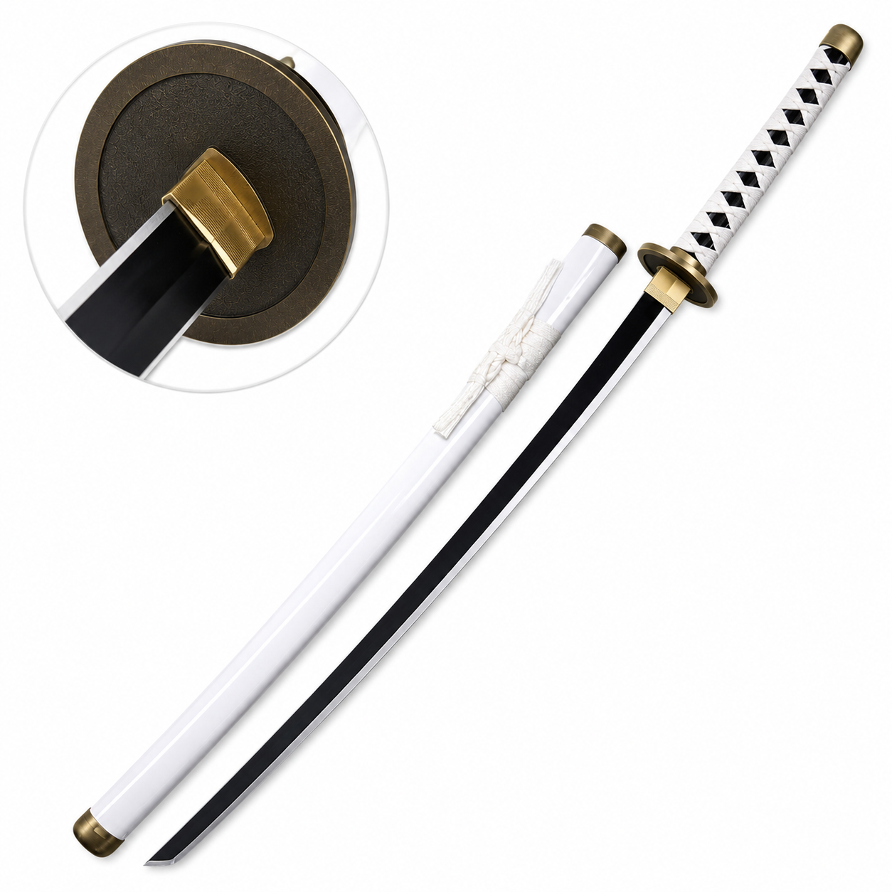 White Japanese anime katana displayed on black stand with black blade, white saya scabbard and premium samurai sword aesthetic