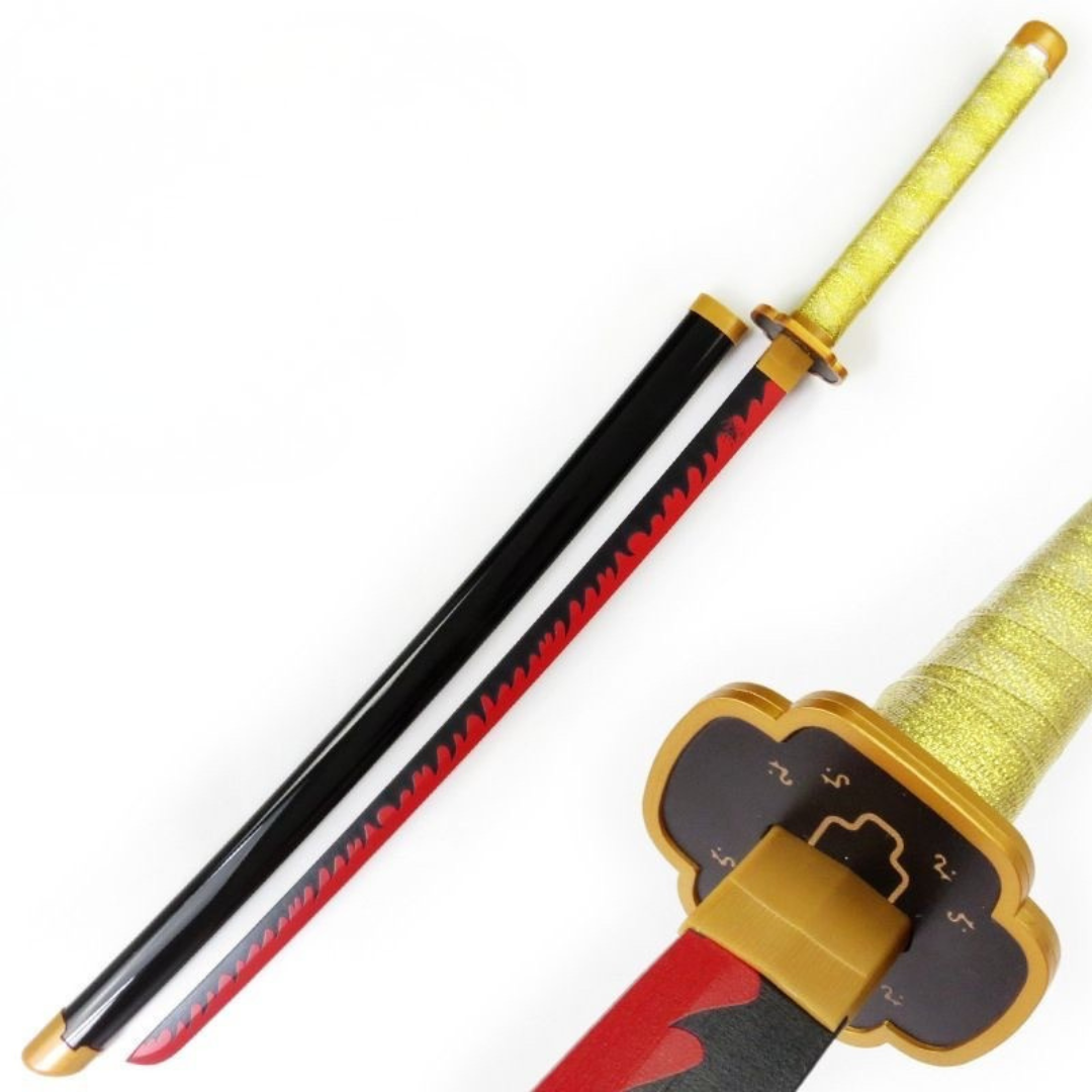 Red flame anime katana replica with black saya, gold guard and serrated Nichirin-style blade