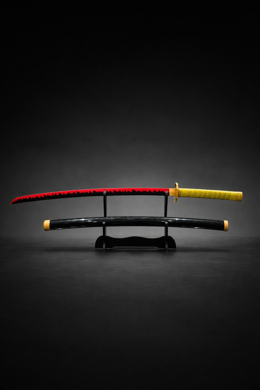 Flame-style Nichirin katana with red-black blade displayed on premium sword stand for anime collectors