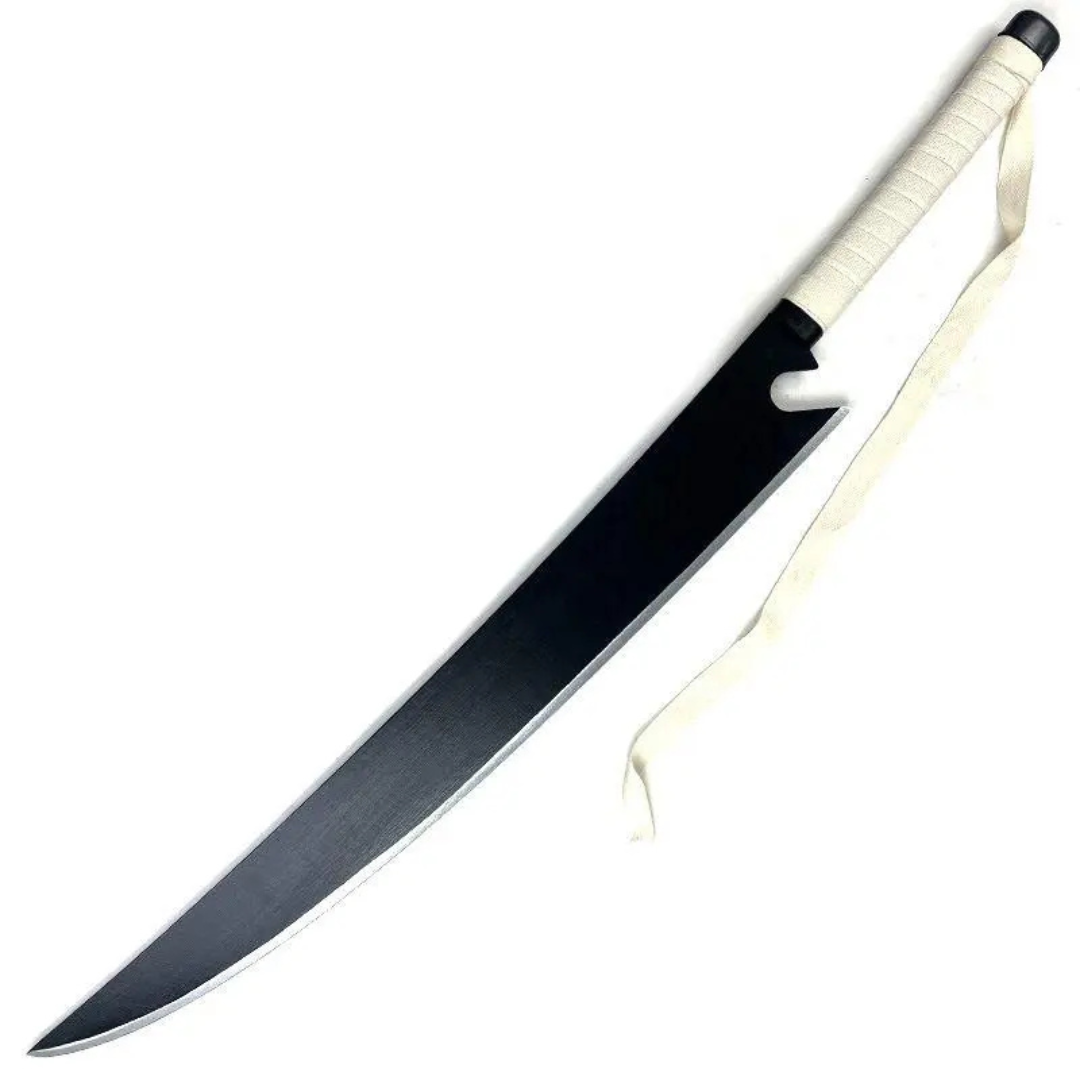 Large black anime battle sword replica with curved blade and white wrapped grip 