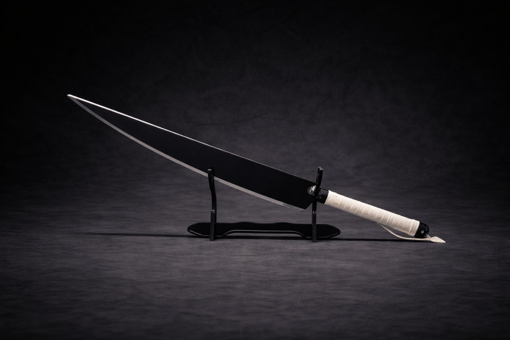 Oversized anime cleaver sword replica with black blade and wrapped white handle displayed on premium stand