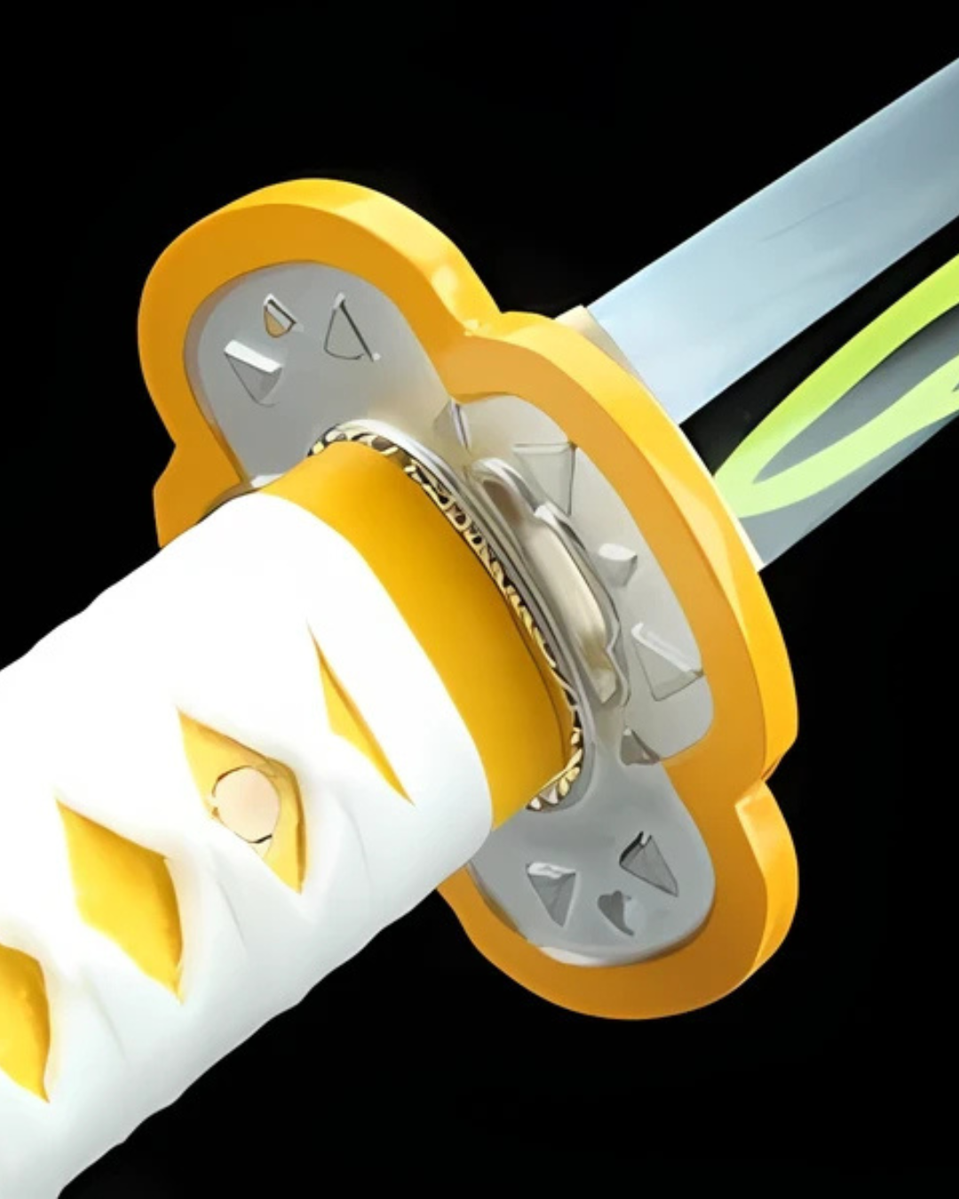 Close-up of Thunder Hashira style katana guard and white-yellow handle detail