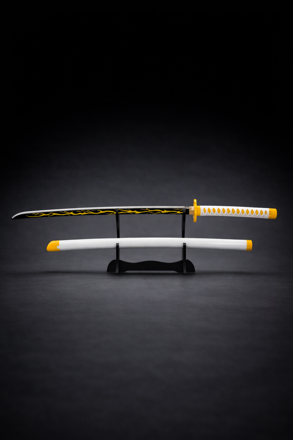 White Thunder anime katana with lightning blade displayed on premium sword stand