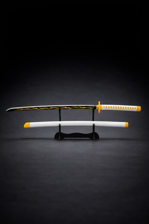 White Thunder anime katana with lightning blade displayed on premium sword stand