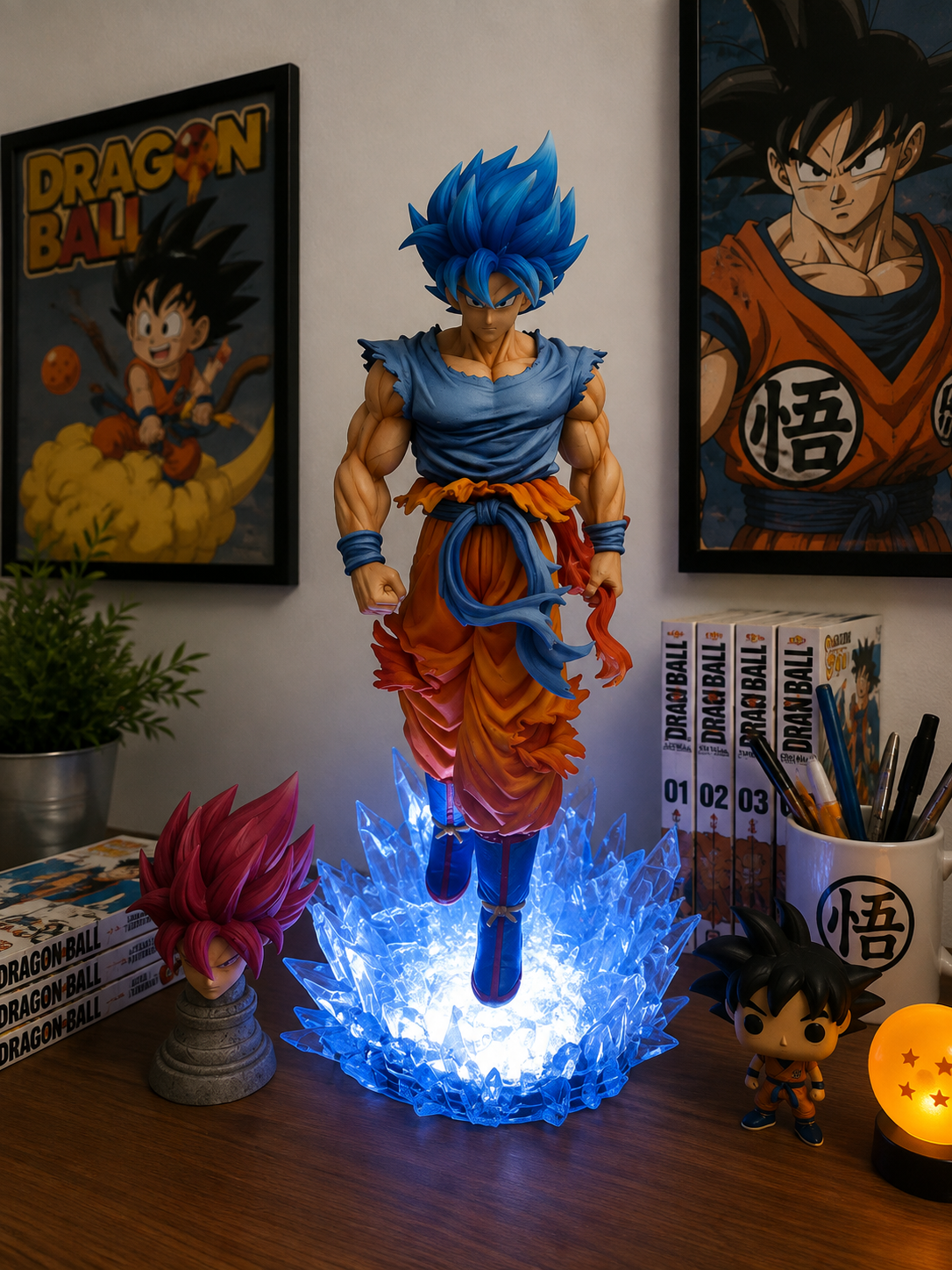 Dragon Ball Super Goku Figure 33cm with LED Crystal Base | Premium Anime Collectible Statue | Interchangeable Head