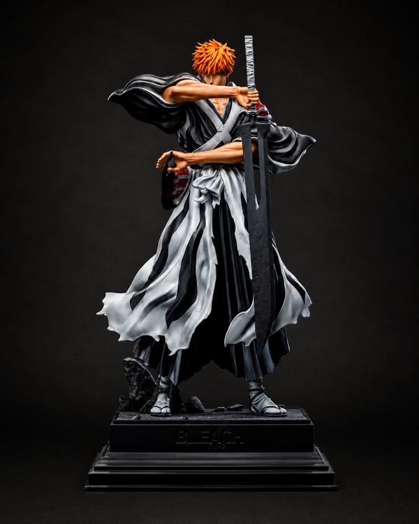 Premium Bleach Ichigo Kurosaki Bankai 32cm anime figure featuring an oversized Zanpakuto sword, flowing Soul Reaper robes, premium display base, and high-quality PVC construction for anime collectors and display shelves.