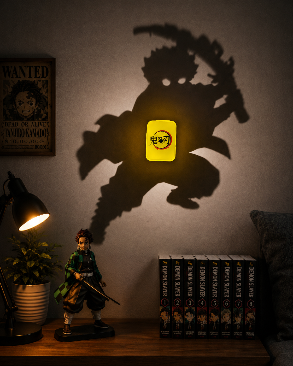 Demon Slayer Tanjiro Kamado Shadow Projection Night Lamp projecting an iconic Tanjiro silhouette with warm LED lighting for anime room décor, gaming setups, bedrooms, and collector displays