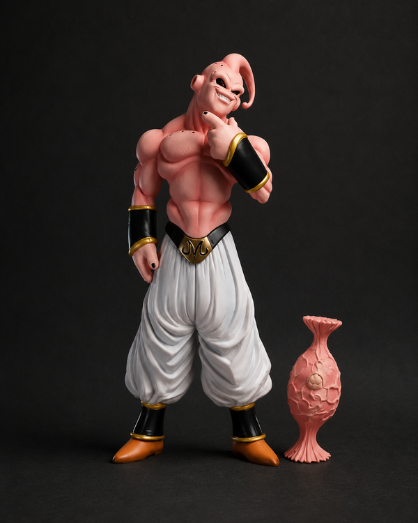 Premium Dragon Ball Z Super Buu 27cm anime figure with anime-accurate sculpt, pink vase accessory, and detailed PVC construction for collectors, anime display shelves, and room décor