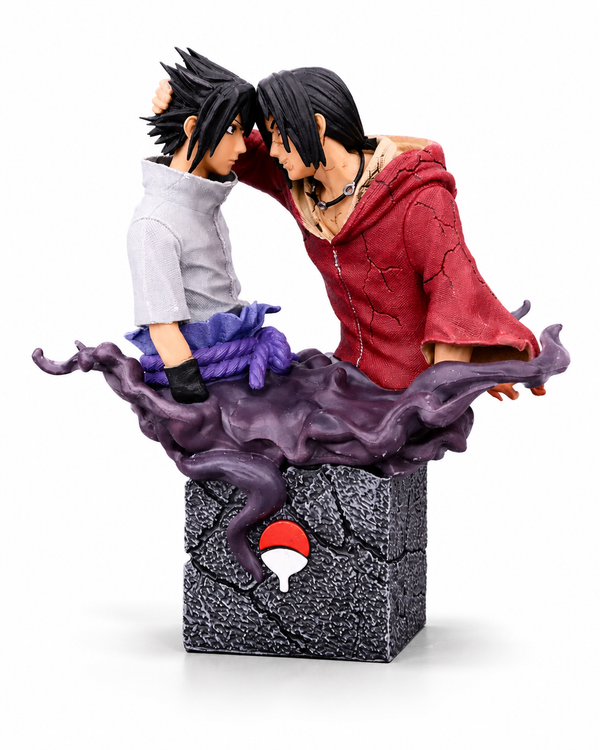 A collectible figurine of two anime characters in a close, dramatic pose, mounted on a dark cracked pedestal with a red-and-white emblem and surrounded by a purple energy effect. One character wears a light gray top and purple pants, and the other wears a red hooded garment.